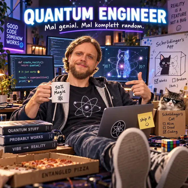 Eugen under a neon sign that reads Quantum Engineer