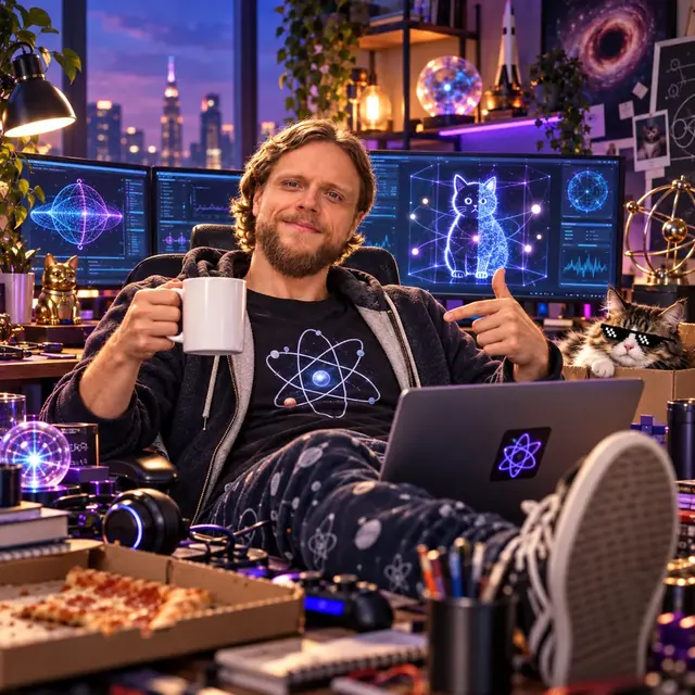 Eugen at his desk, coffee in hand